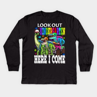 Look Out Kindergarten Here I Come Monster Truck Dinosaur Back To School Kids Long Sleeve T-Shirt